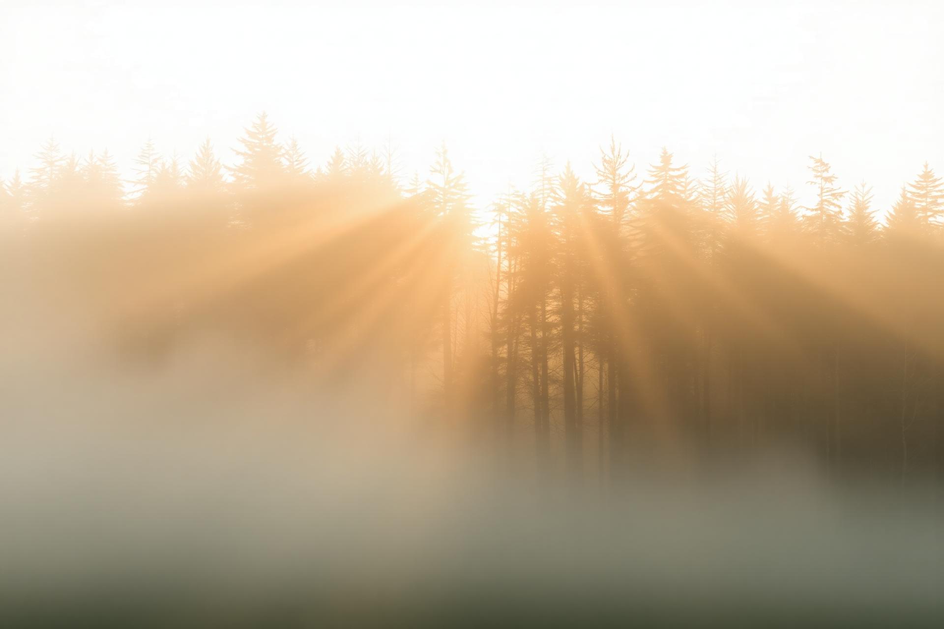 Sanftes Morgenlicht fällt durch nebligen Wald